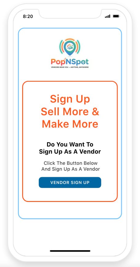 Vendor sign-up screen: Sign Up, Sell More and Make More