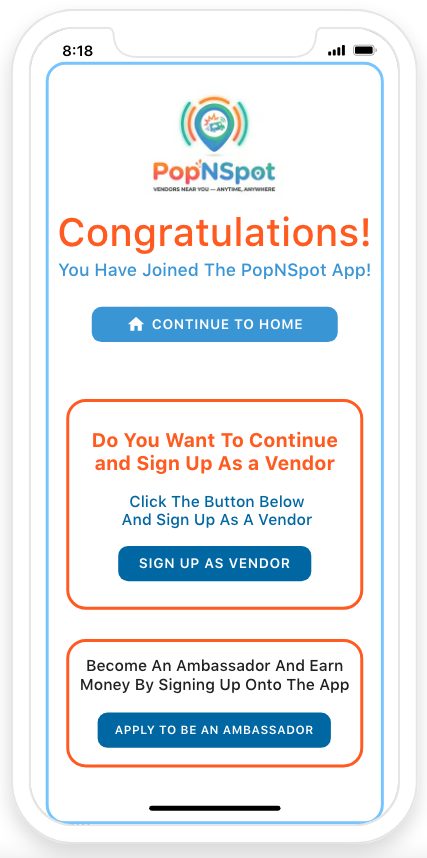 Congratulations screen with continue home, vendor sign-up, and ambassador apply buttons
